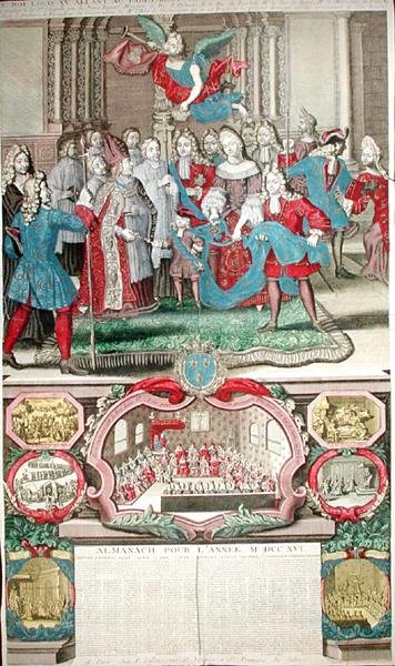 Kalender für 1716, der Ludwig XV. (1710-74) mit seinem Parlament zeigt, 12. September 1715, 1716 von French School